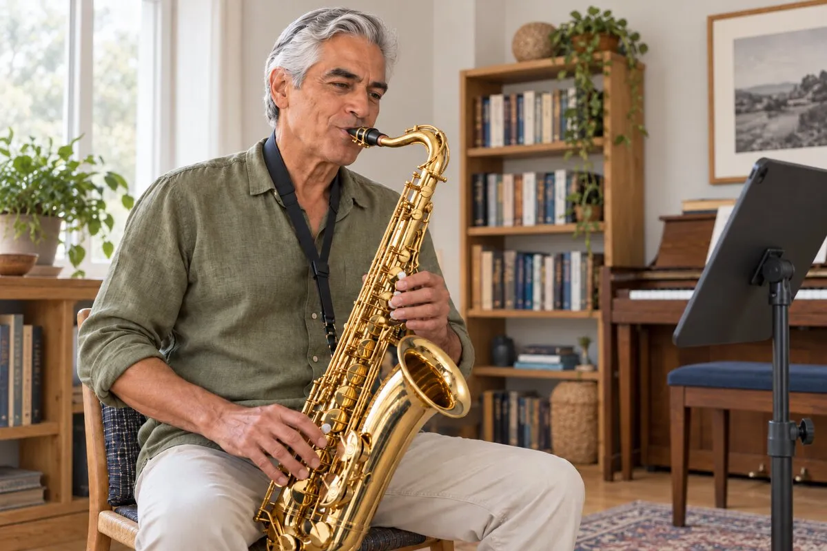 Um homem de cabelo grisalho toca saxofone sentado na sala de estar e olha para um tablet numa estante de música; atrás dele há prateleiras com livros e um piano vertical