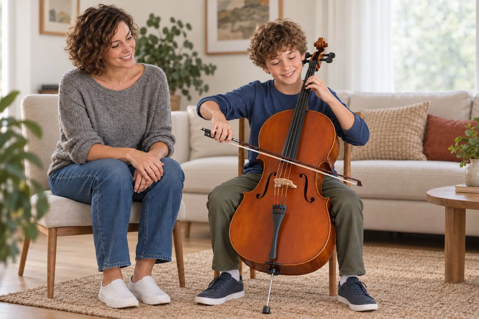 Eine Mutter lächelt, während ihr Sohn neben ihr Cello spielt