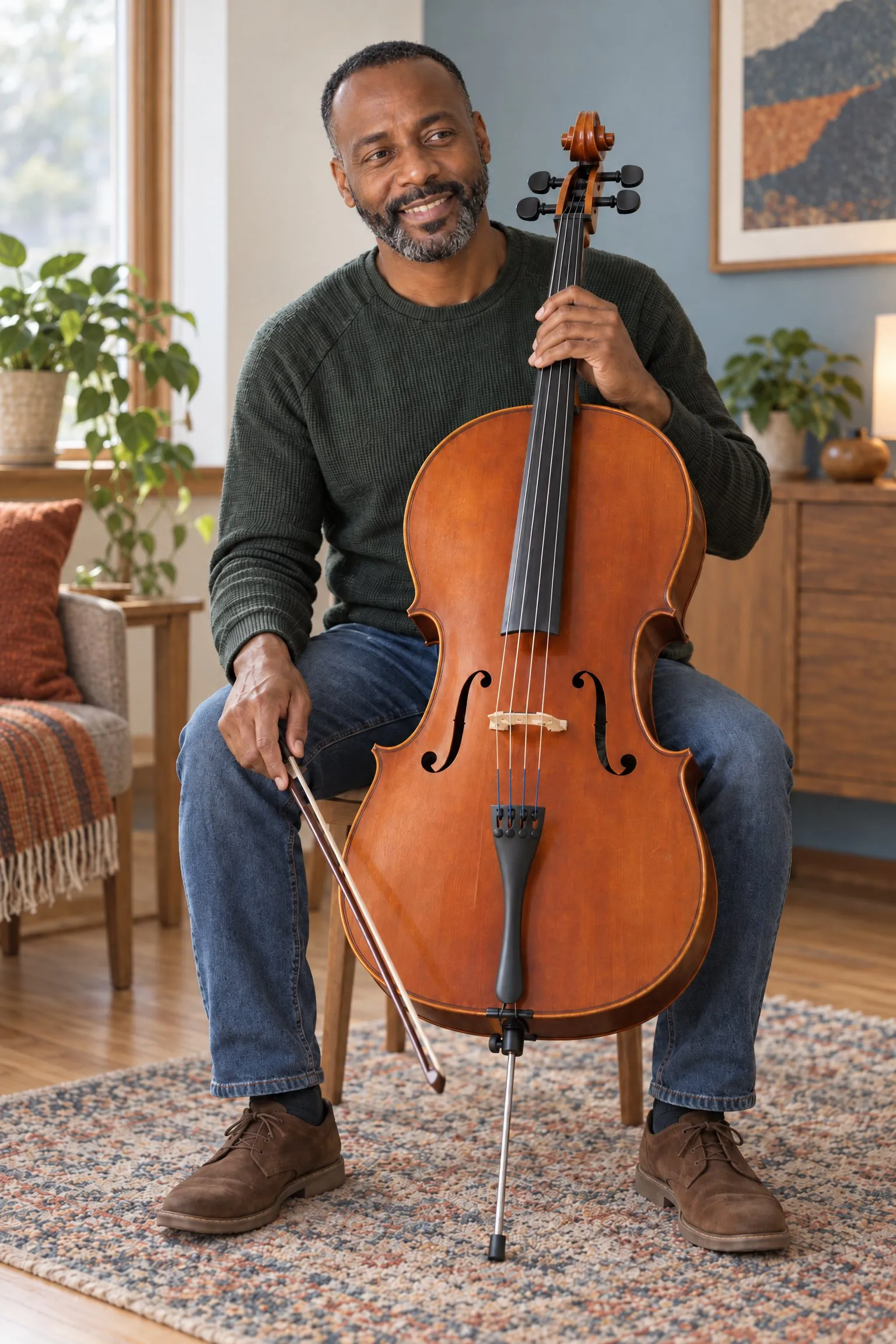 Ein lächelnder Mann im grünen Pullover sitzt mit seinem Cello im Wohnzimmer