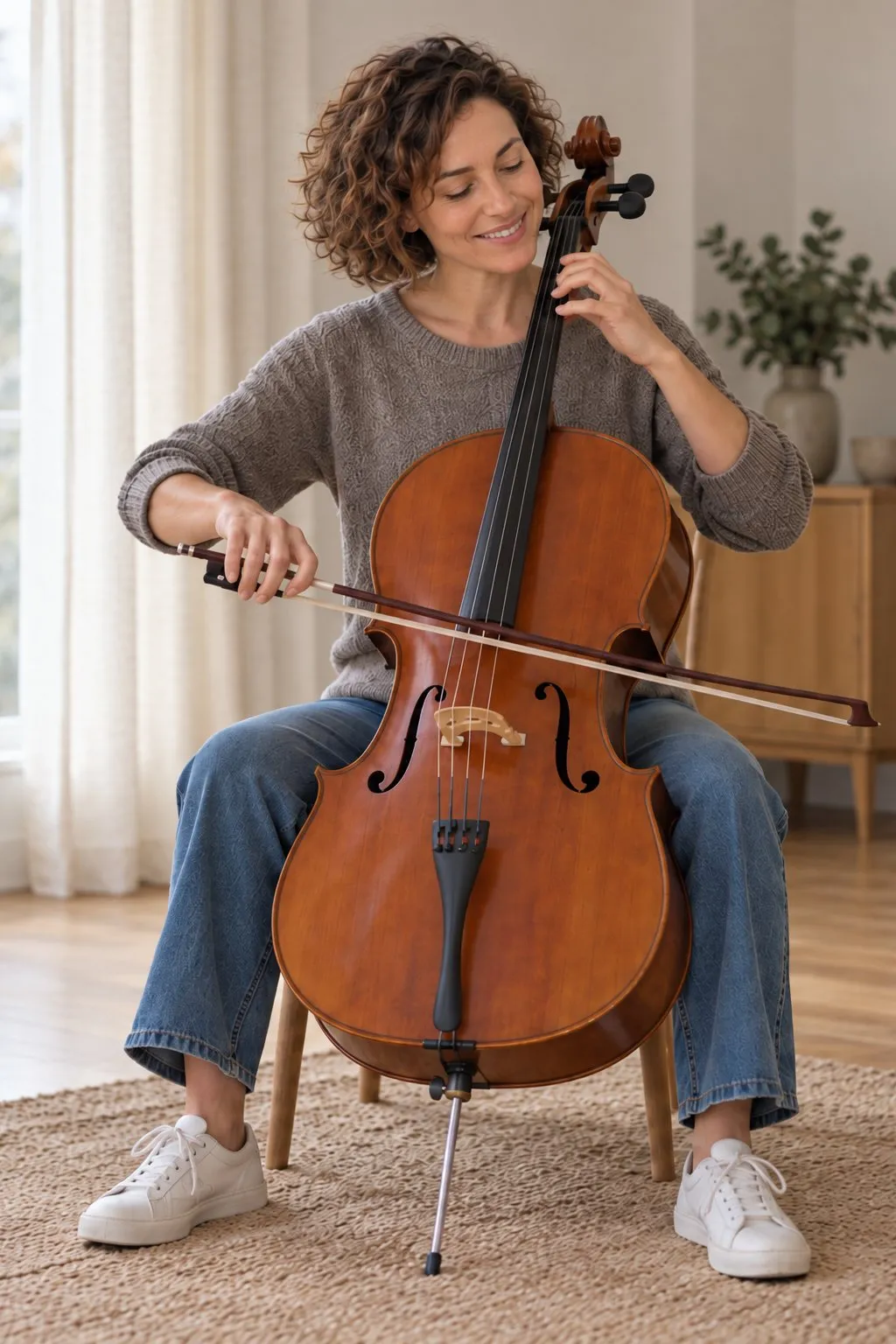 Eine Frau mit dunklen Locken spielt in ihrem hellen Wohnzimmer Cello