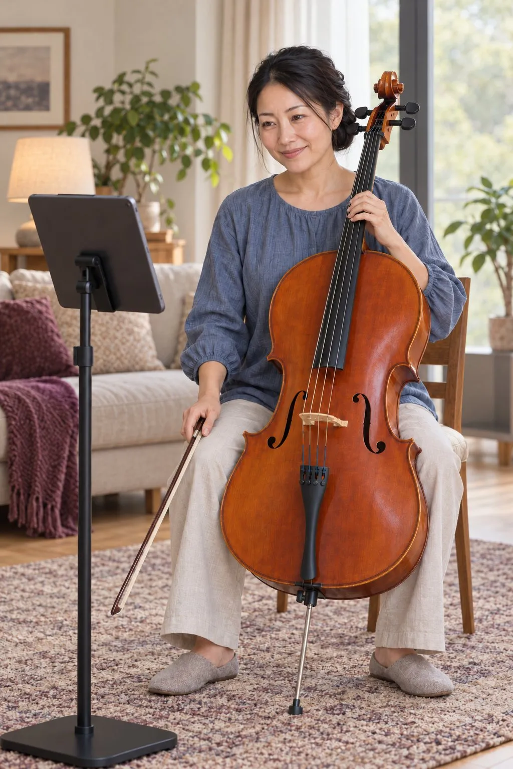 Eine Frau spielt zu Hause Cello, neben ihr ein Tablet auf einem Ständer