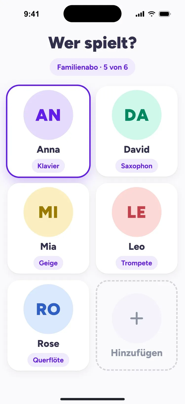 Das Familienabo in tonestro: Anna spielt Klavier, David Saxophon, Mia Geige, Leo Trompete und Rose Querflöte, alle mit eigenem Profil