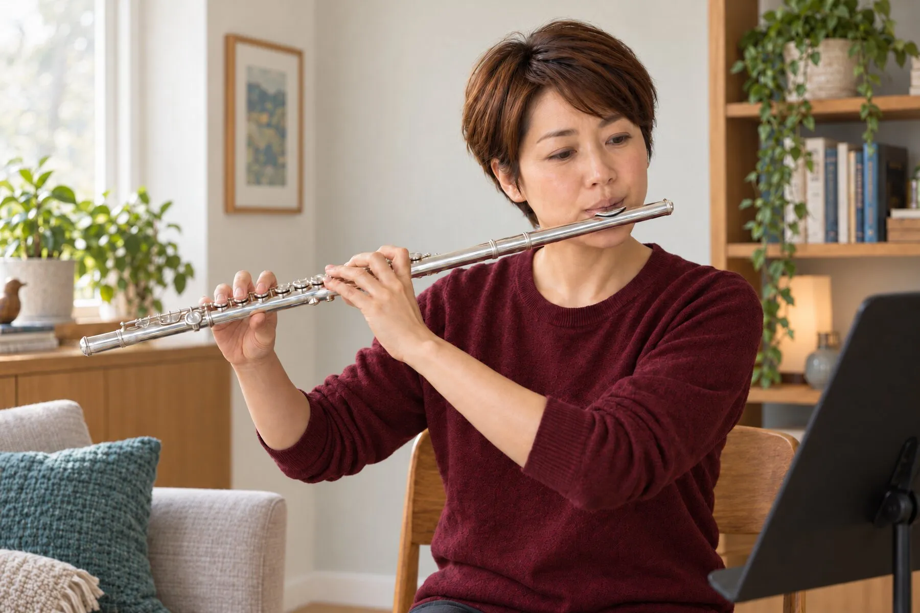 A woman with short brown hair plays her flute at a music stand in a bright living room