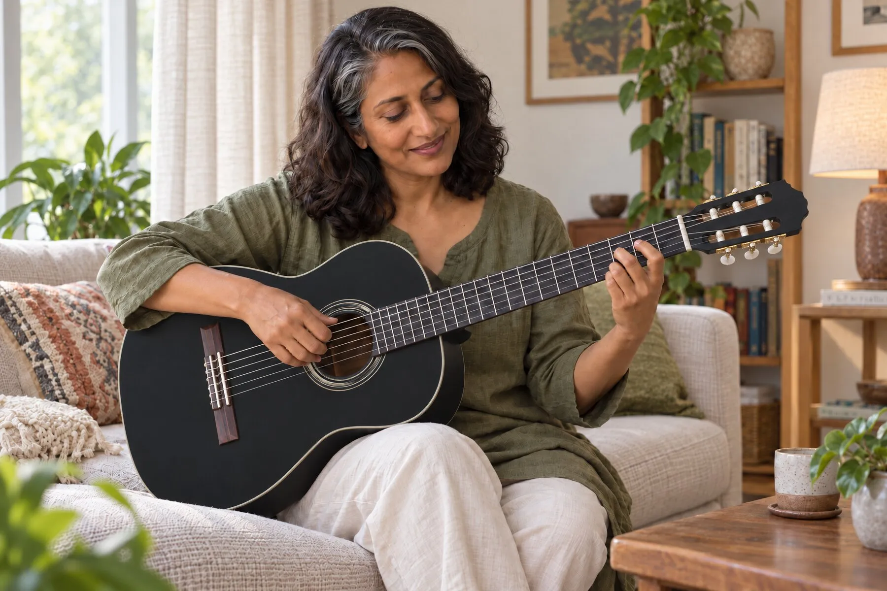 Uma mulher de cabelo grisalho toca uma guitarra preta no sofá