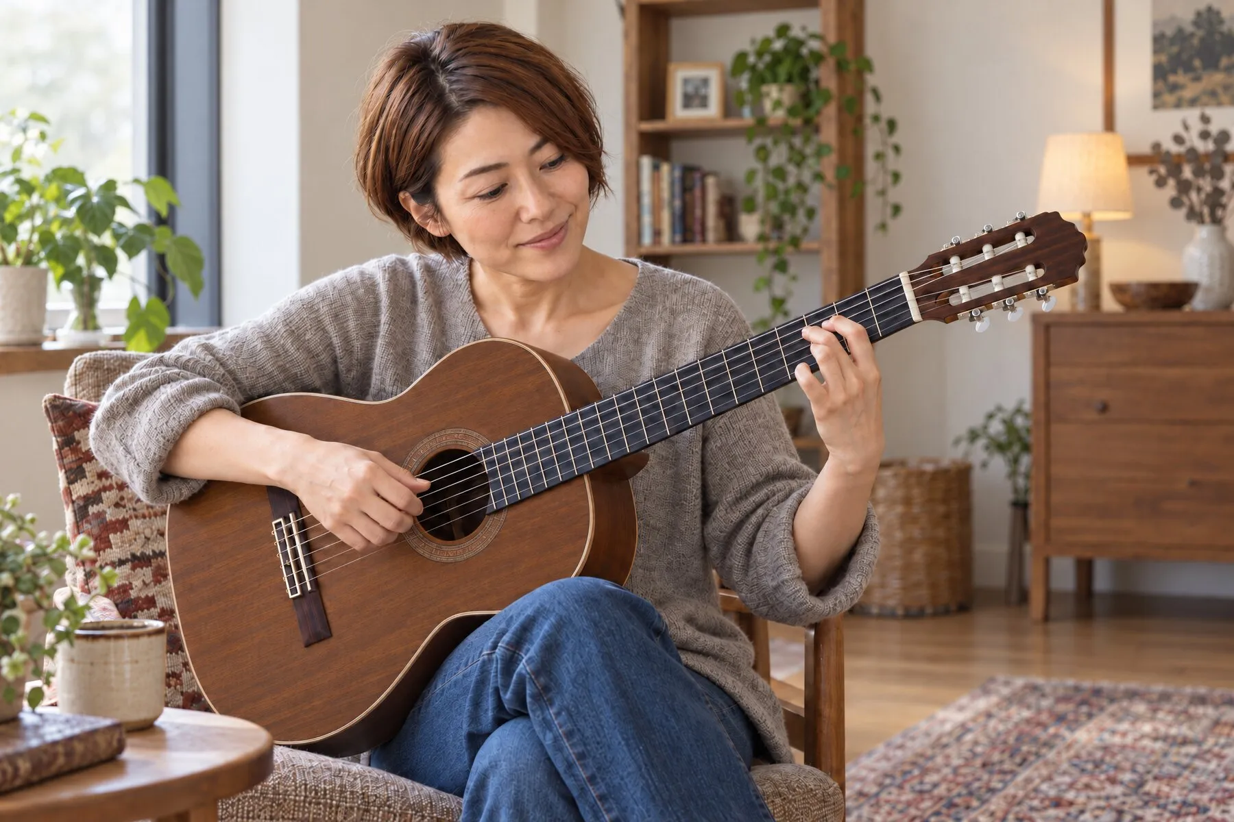 Una mujer toca la guitarra en su salón y se mira la mano izquierda
