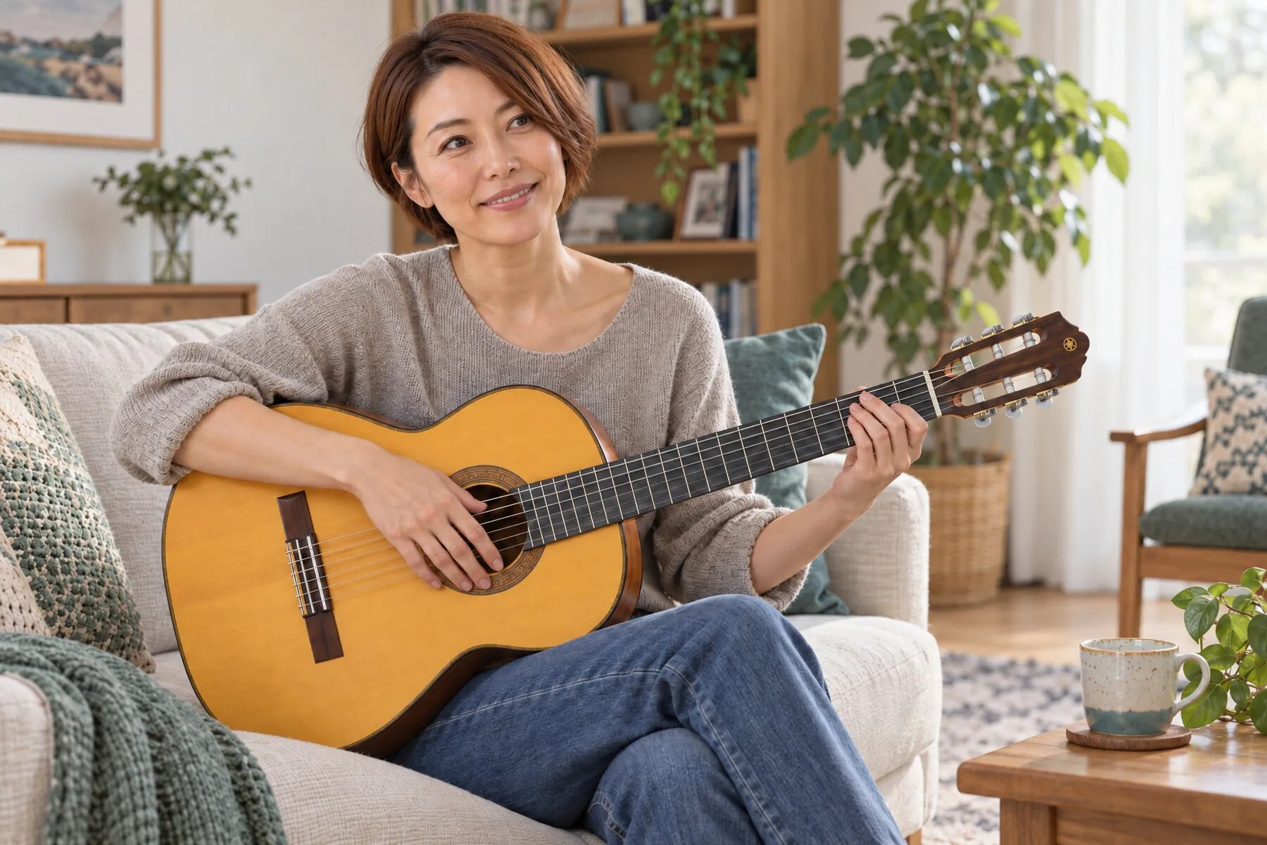 A woman smiles with her guitar on the sofa