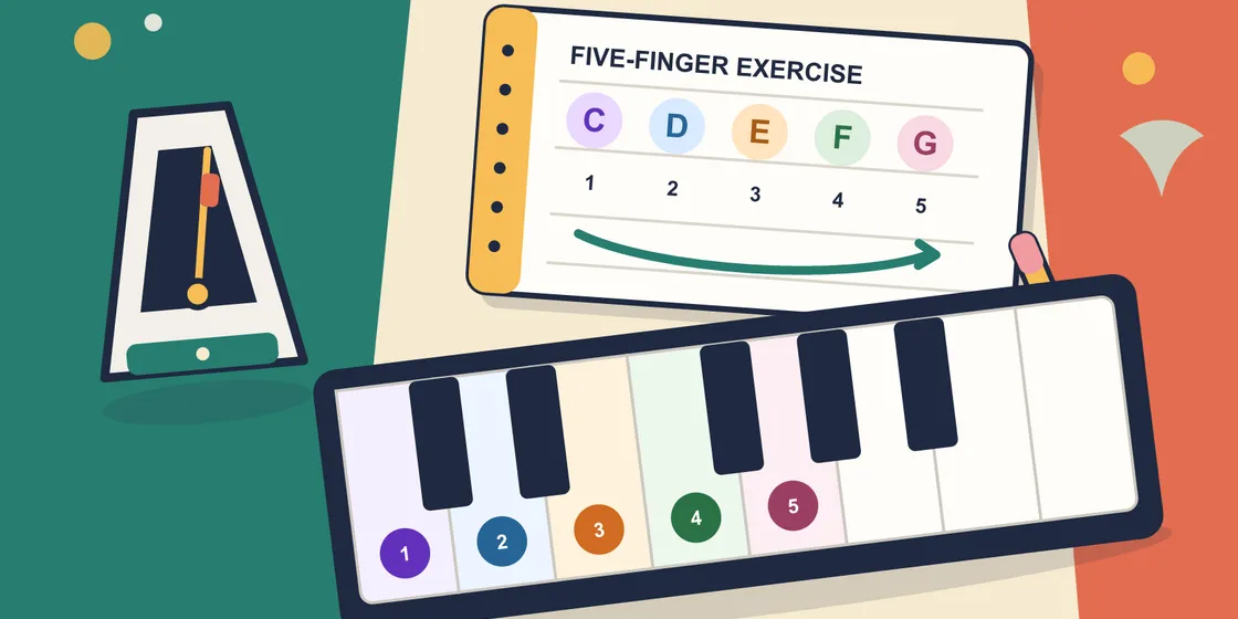 Overhead illustration of a beginner piano exercise with a keyboard, practice notebook, and metronome