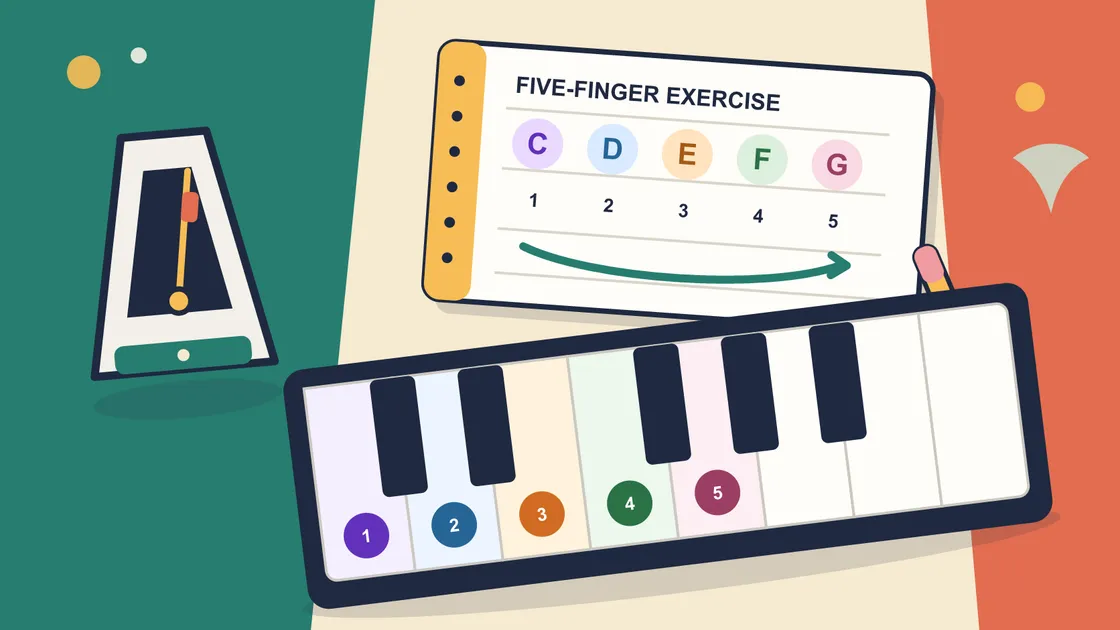 Overhead illustration of a beginner piano exercise with a keyboard, practice notebook, and metronome