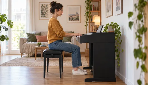 Adult beginner sitting in balanced side-profile posture at a digital piano in a bright living room