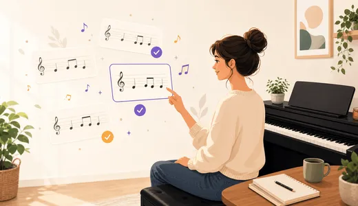 Illustrated beginner choosing simple piano song cards beside a digital piano