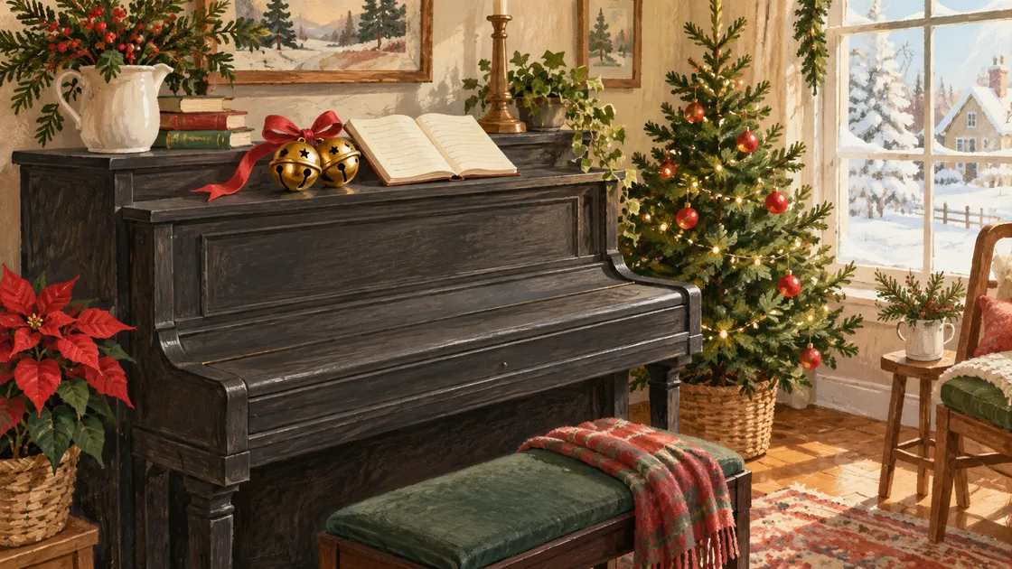 Painted illustration of an upright piano with golden sleigh bells beside a Christmas tree and snowy window