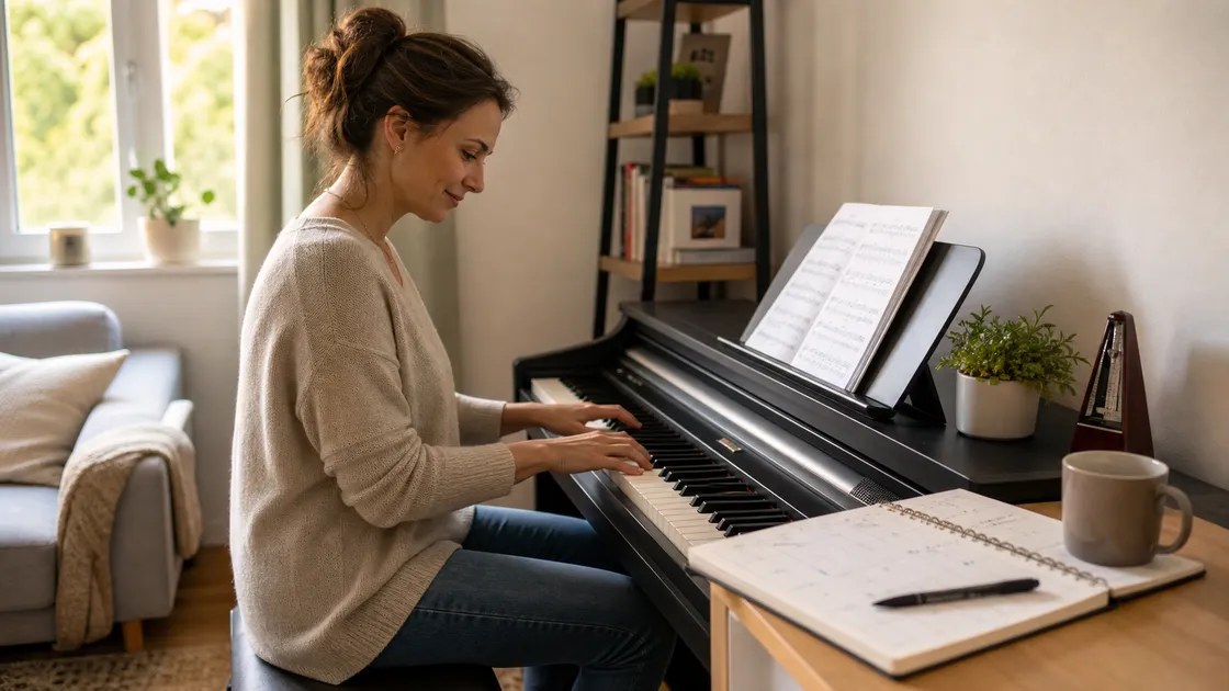 Adult beginner practicing piano with a notebook for tracking progress