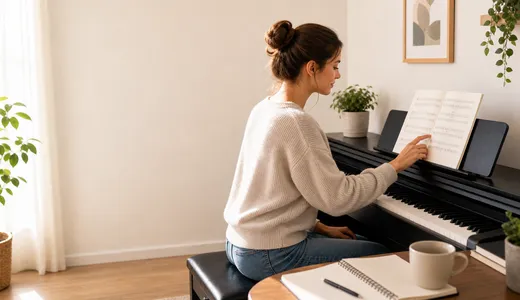 Beginner pointing at simple sheet music on a digital piano at home