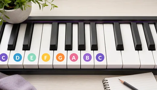 Close-up of piano keys with beginner note markers
