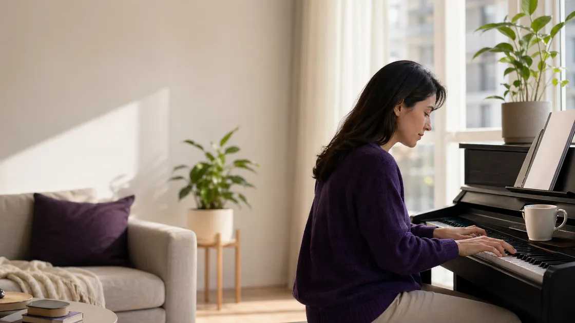 Adult beginner practicing piano at home near a window