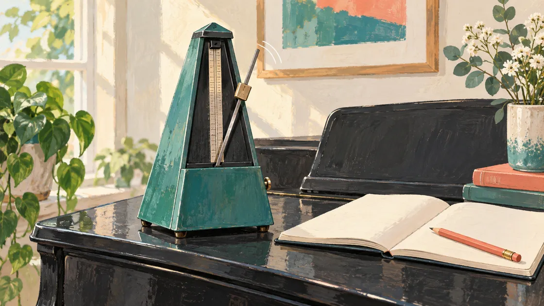 Painted illustration of a teal metronome beside an open practice notebook on a piano