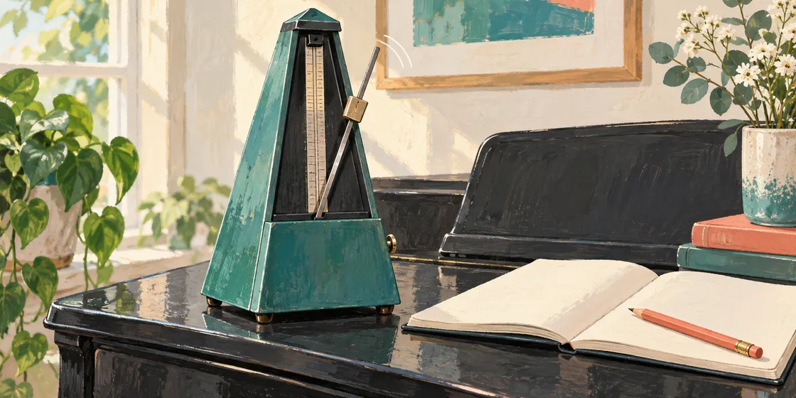 Painted illustration of a teal metronome beside an open practice notebook on a piano