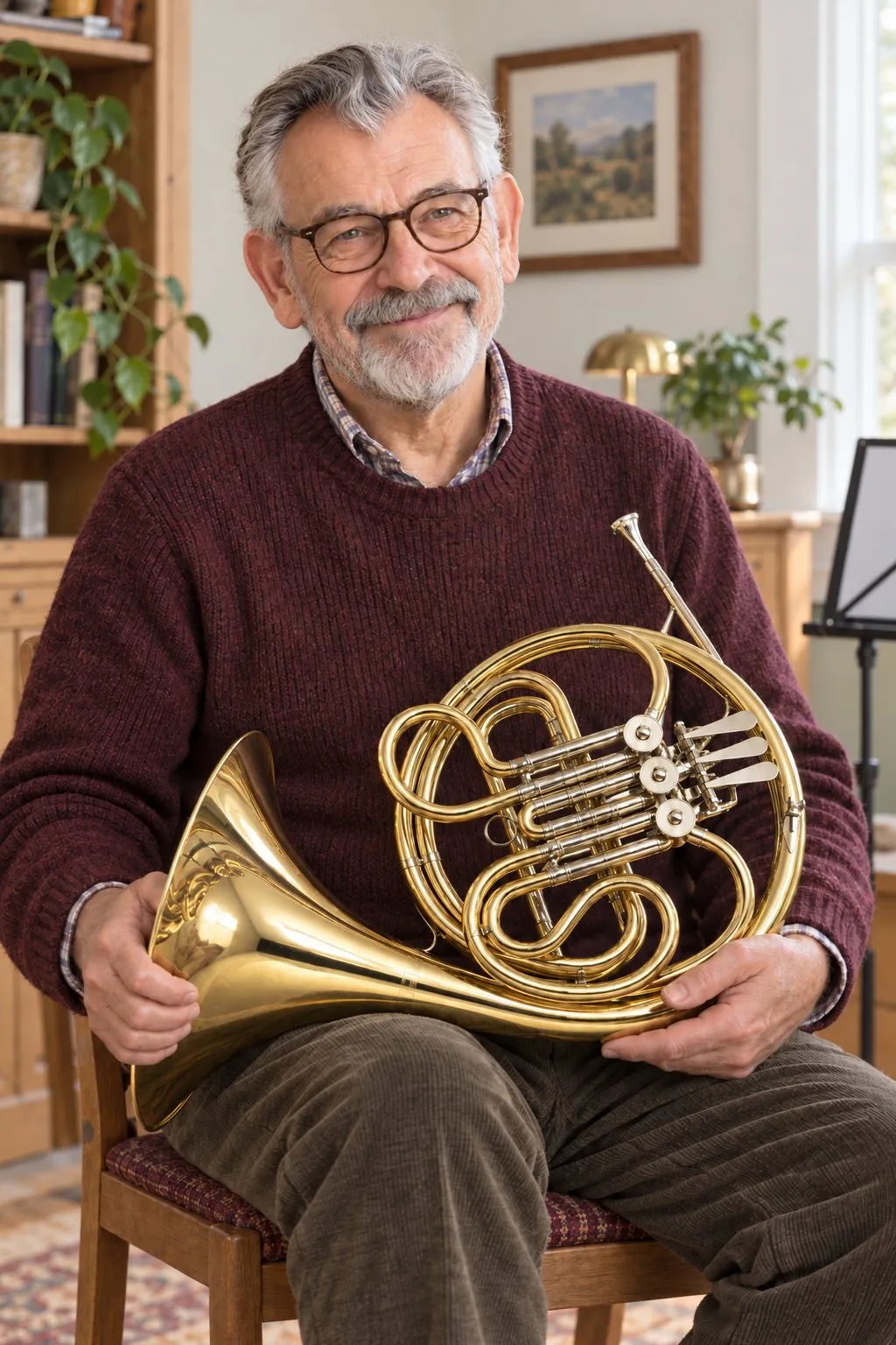 ホルンを手にほほえむ、グレーのひげとメガネの60代の男性