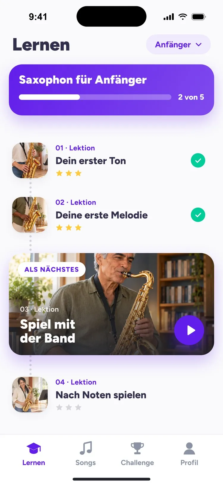 Der Saxophonkurs in tonestro: erster Ton, erste Melodie, mit der Band spielen