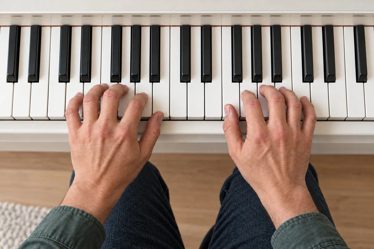 Vistas de cima, as mãos de um homem pousadas nas teclas de um piano digital branco, onde grupos de duas e de três teclas pretas se alternam