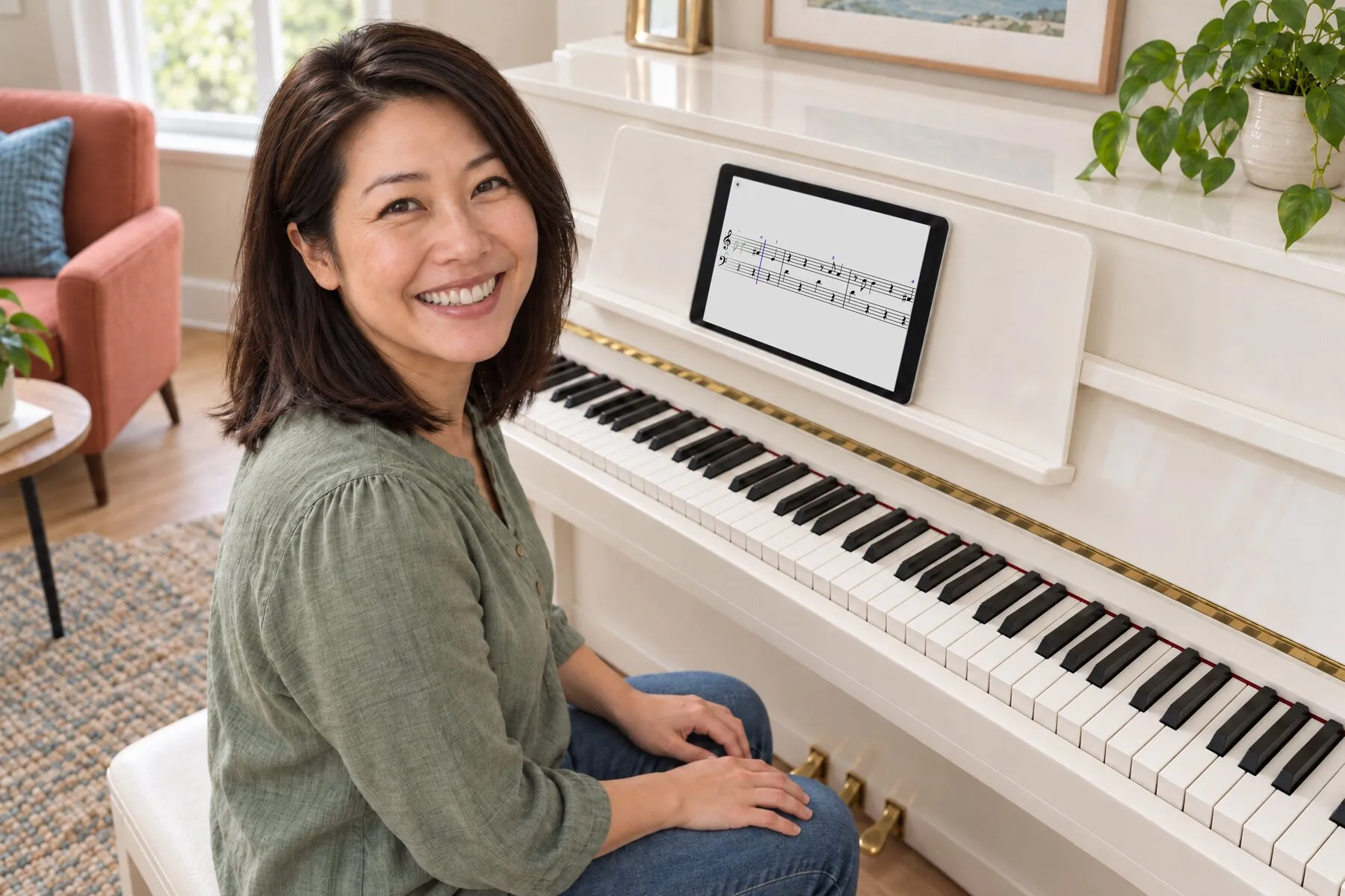 Une femme en chemisier vert sauge se tourne vers l’objectif en souriant, devant son piano droit blanc et une tablette avec une partition