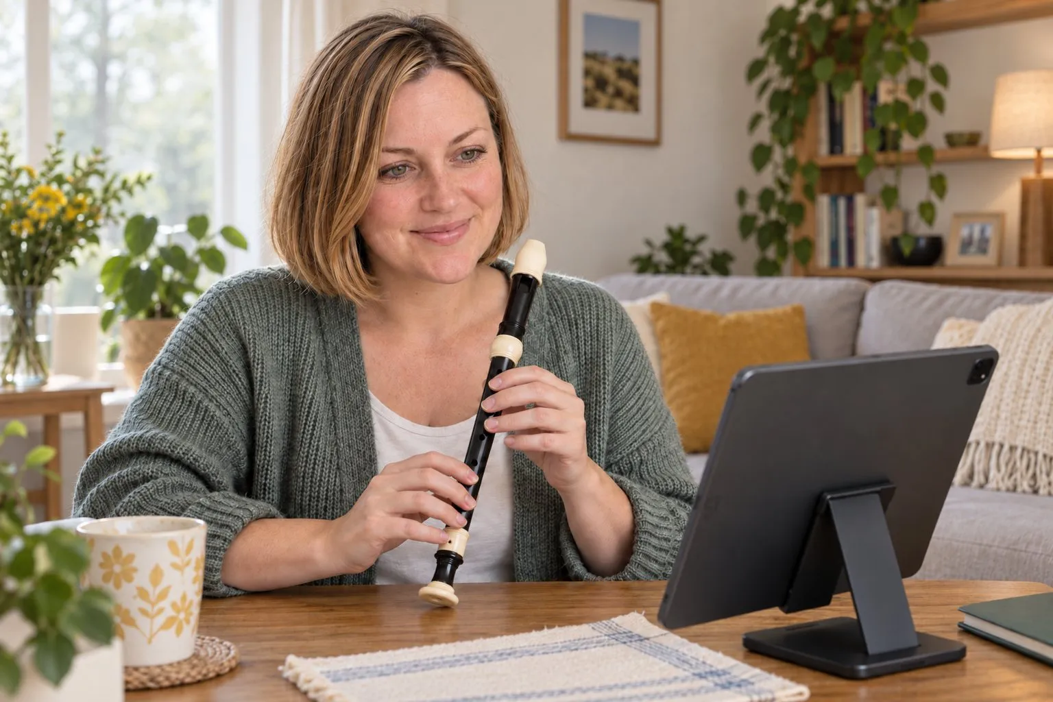 スタンドに立てたタブレットを前に、テーブルでリコーダーを手にほほえむ女性