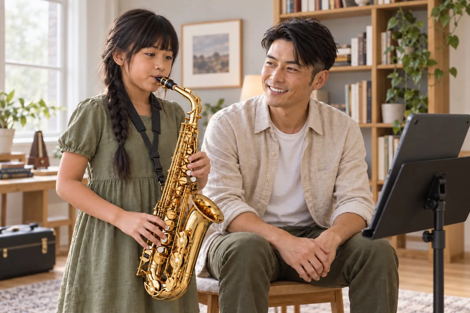 スタンドに立てたタブレットの前でサックスを吹く女の子と、笑顔で見守る父親