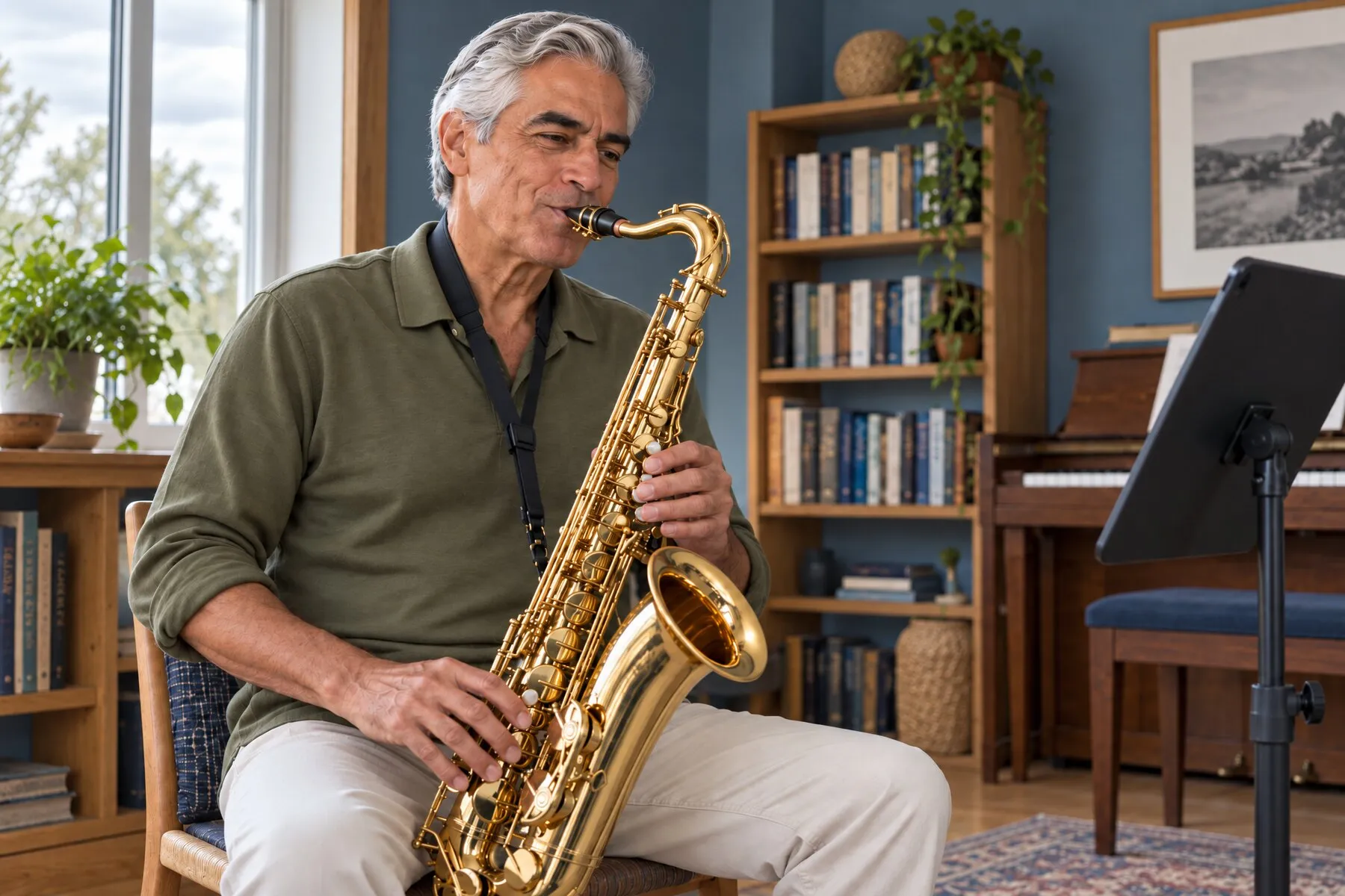 Un homme aux cheveux gris joue du saxophone dans son salon, des étagères de livres derrière lui