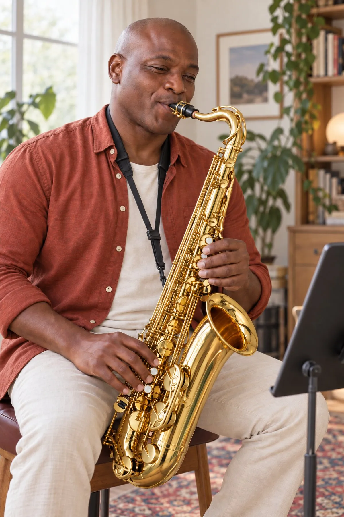 Un homme en chemise rouge joue du saxophone assis chez lui, une tablette sur un support à côté de lui