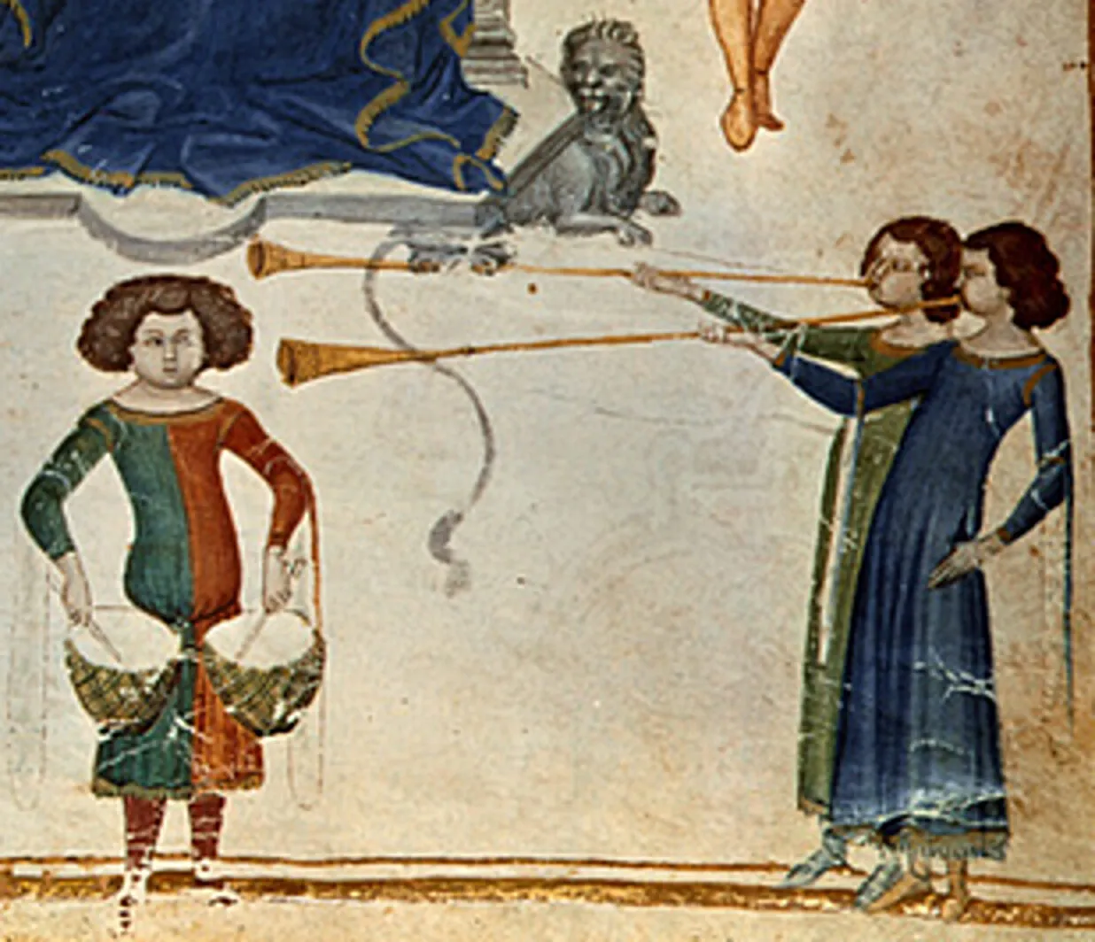 Medieval illustration of musicians playing long buisine trumpets alongside drums