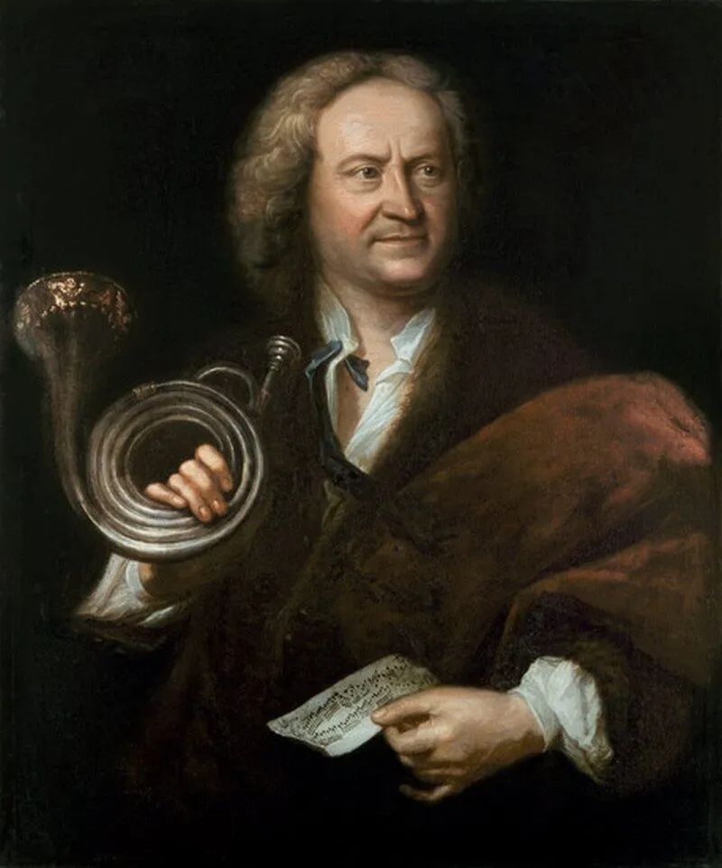 Portrait of Gottfried Reiche holding a coiled brass instrument and a sheet of music