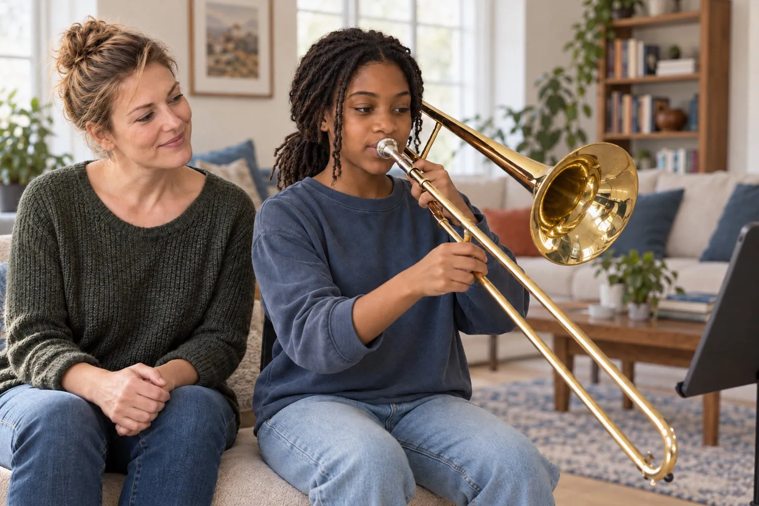 Una madre guarda la figlia adolescente esercitarsi al trombone con un tablet su un supporto