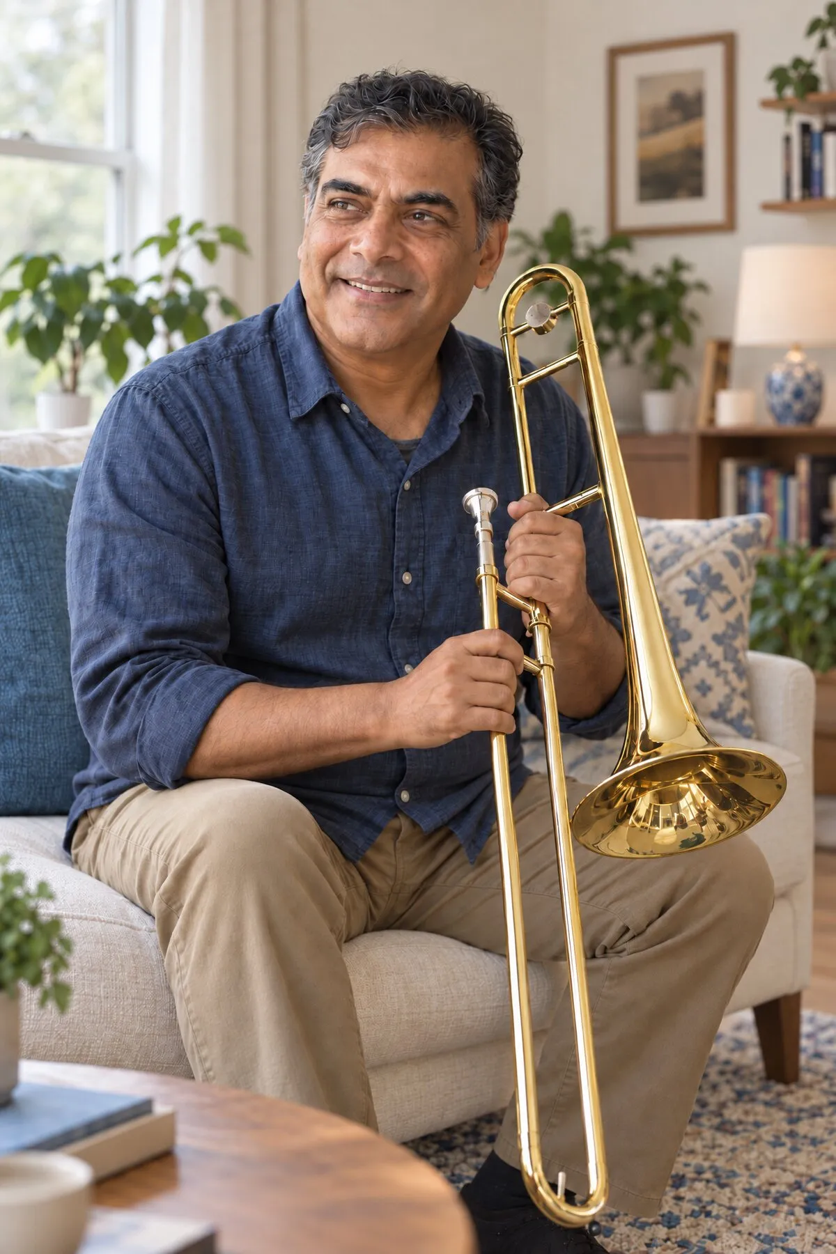 A man with graying hair and a blue shirt smiles on his living room sofa, trombone in hand