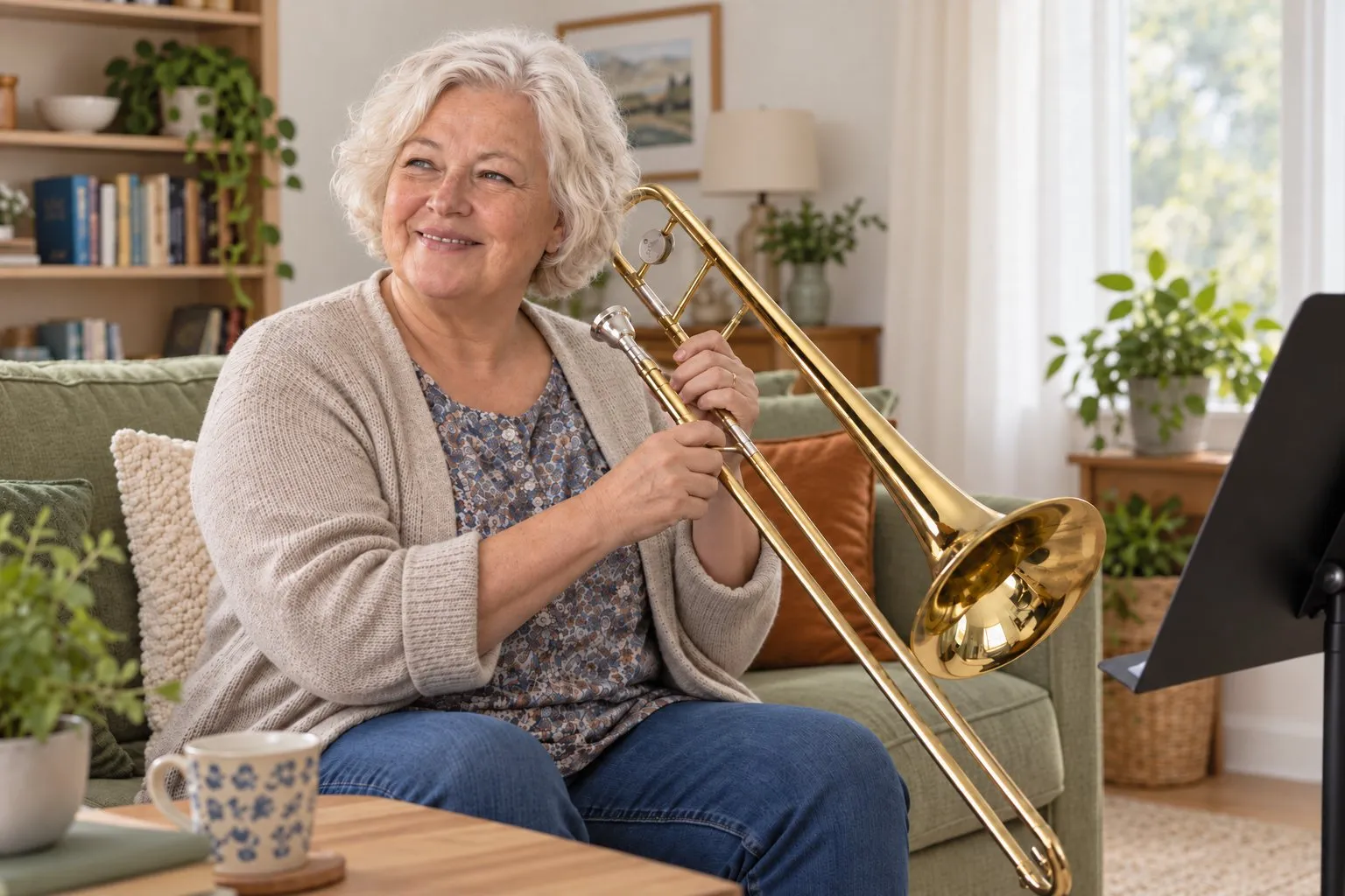 Una donna sulla sessantina con i capelli bianchi sorride raggiante sul divano, con il trombone in grembo