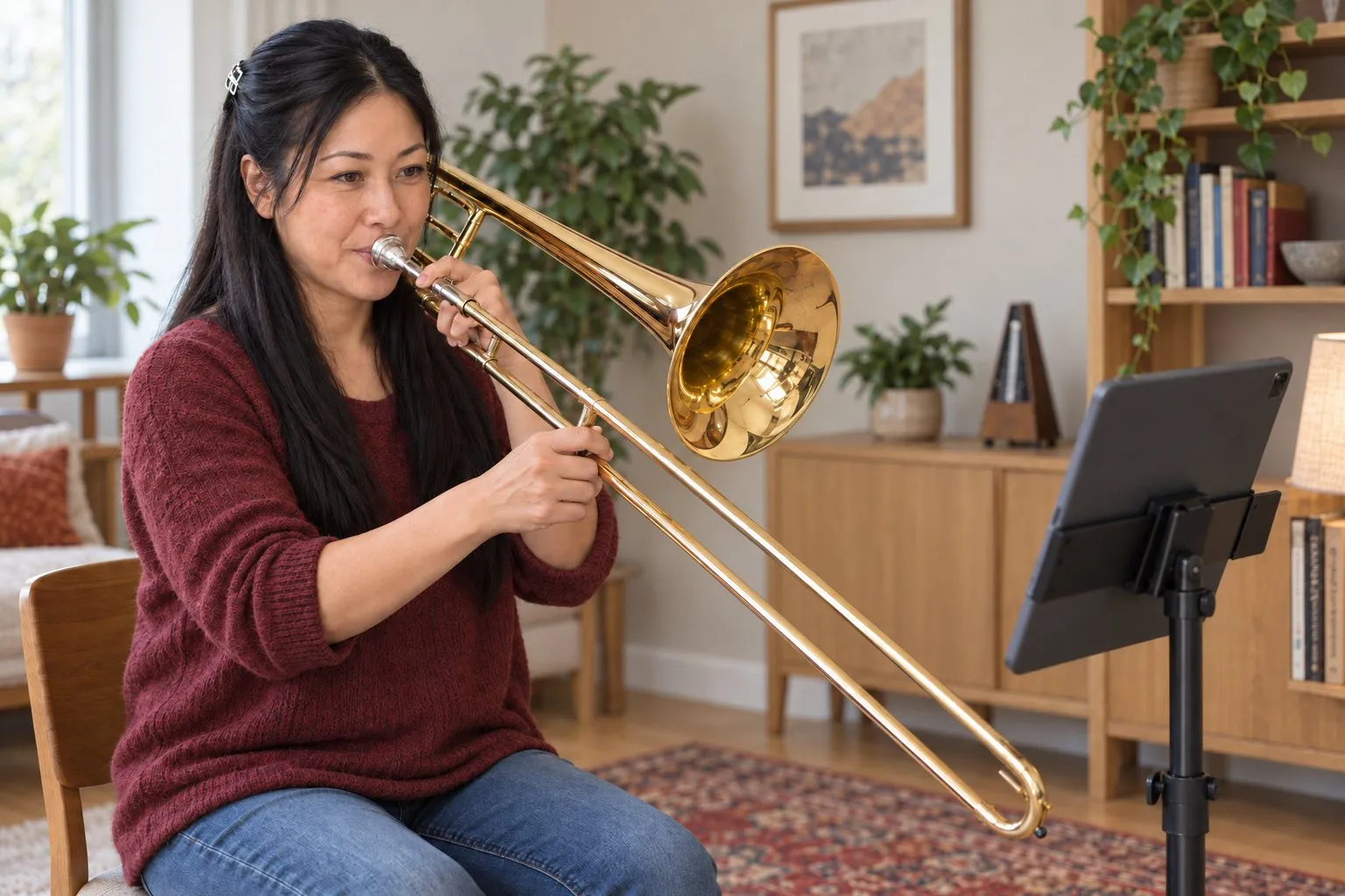 Una donna suona il trombone sul divano mentre un tablet su un supporto mostra la sua lezione