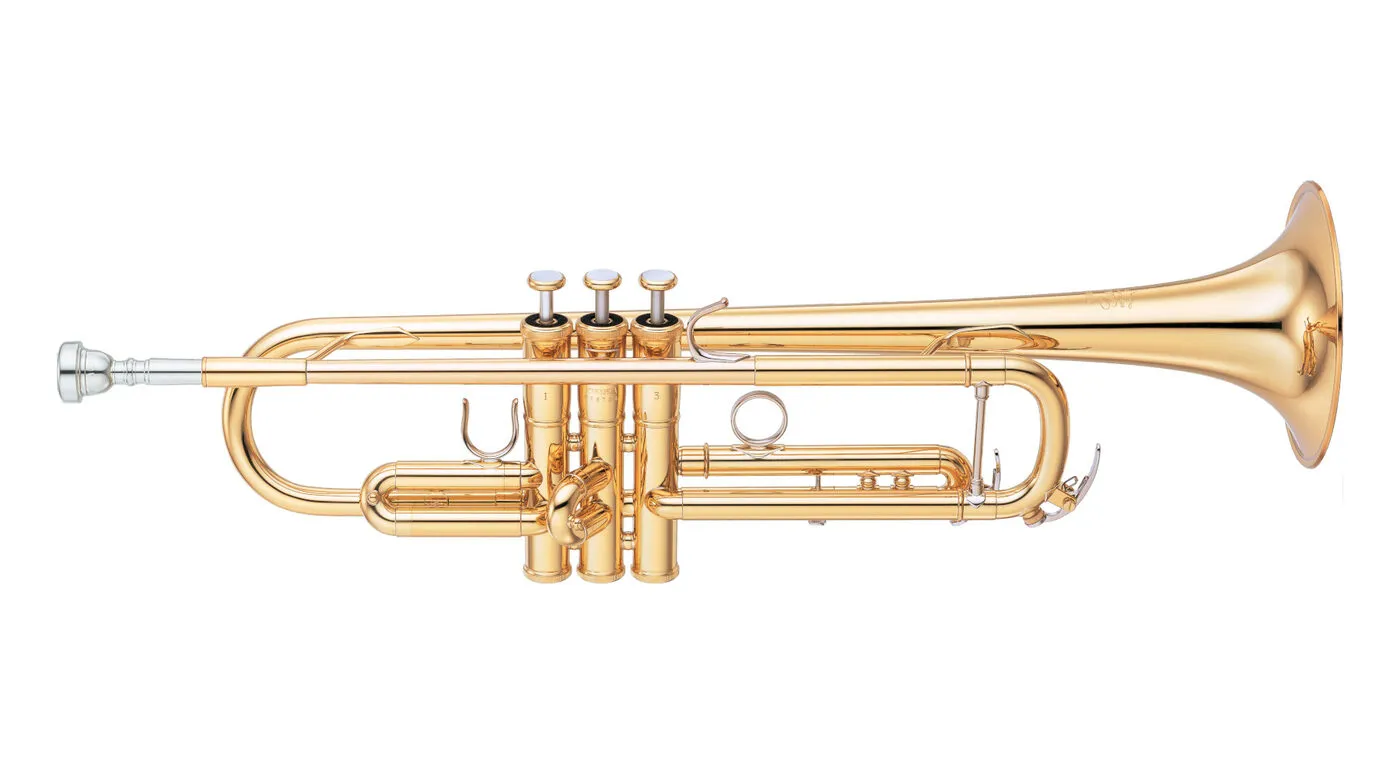 Gold-colored B♭ trumpet with three piston valves