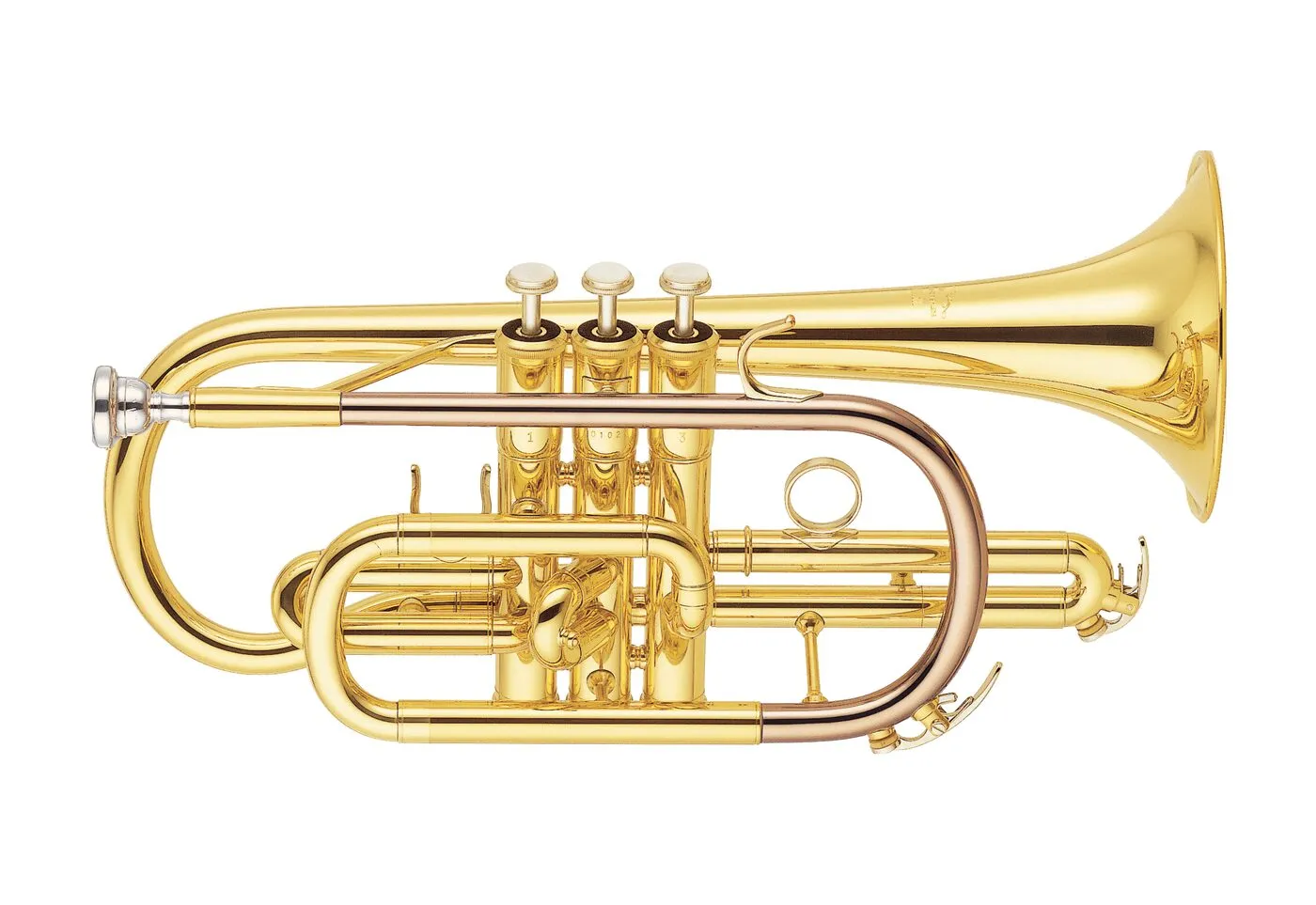Gold-lacquered B♭ cornet with three piston valves