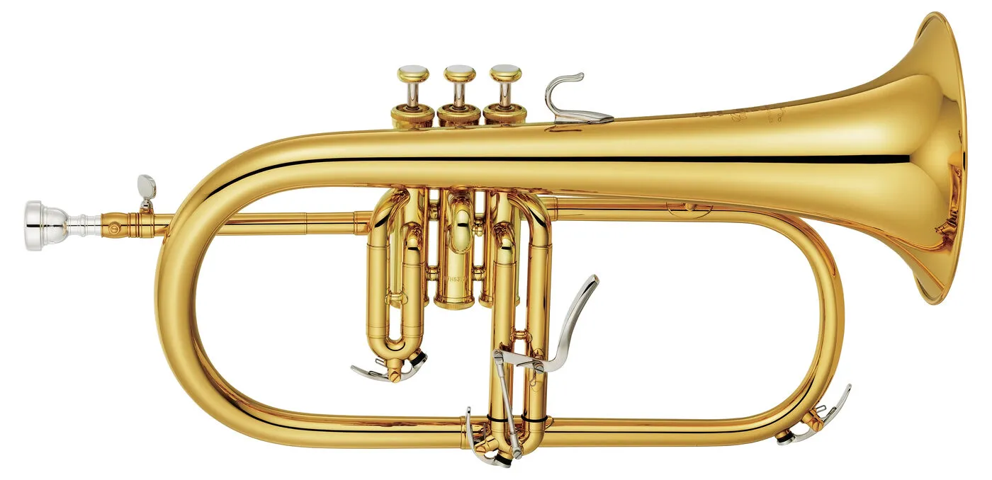 Gold-lacquered B♭ flugelhorn with three piston valves