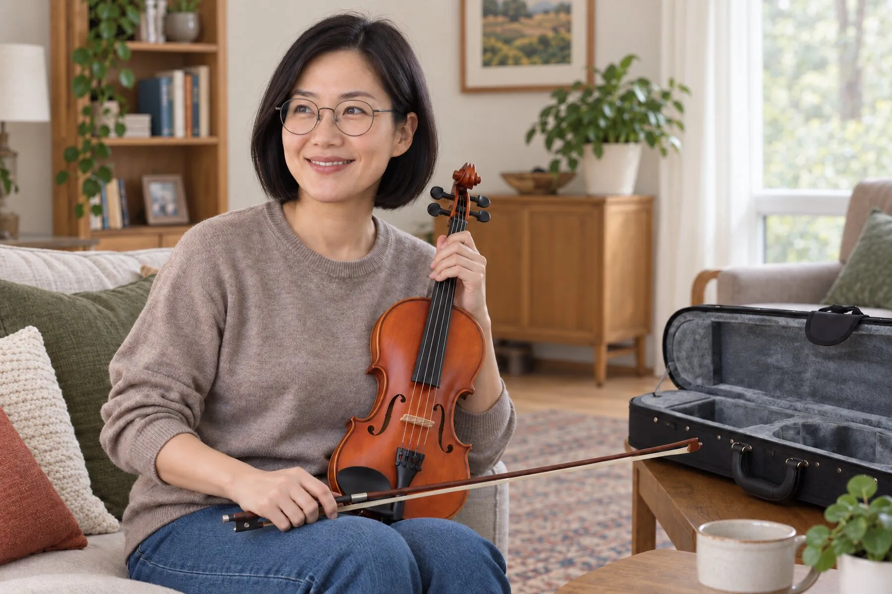 A woman with a dark bob and round glasses sits smiling on her sofa with her violin and bow, an open violin case on the table beside her