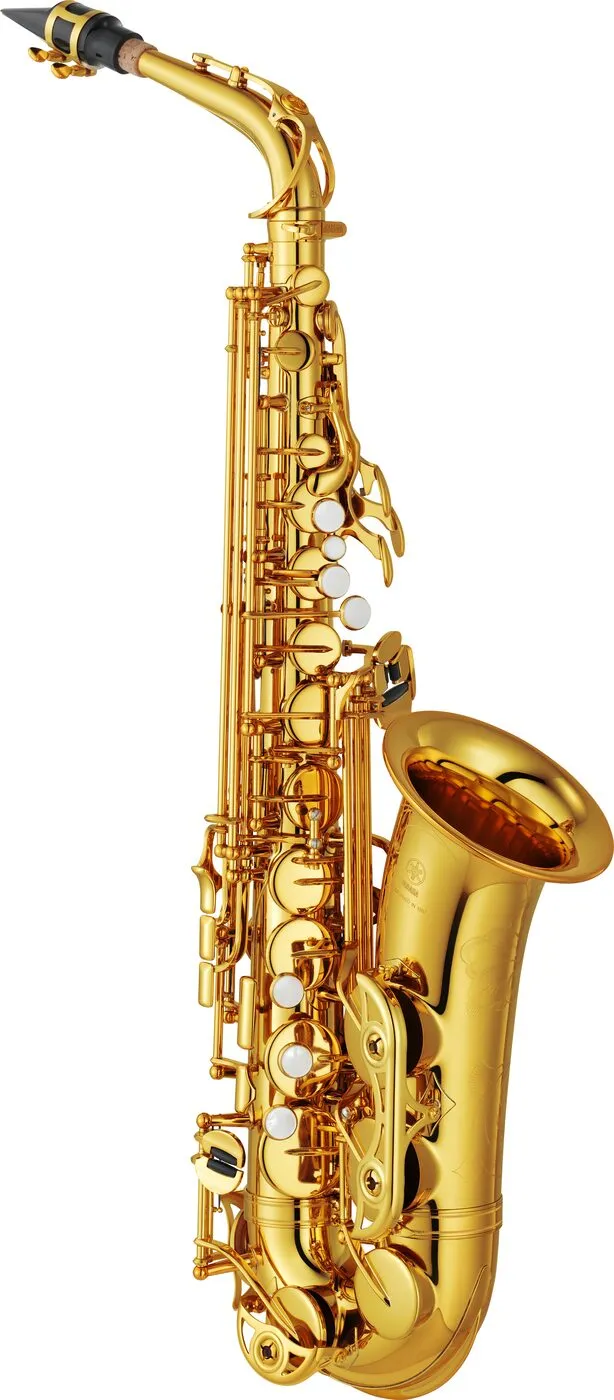 Gold-colored alto saxophone with curved neck and upward-facing bell
