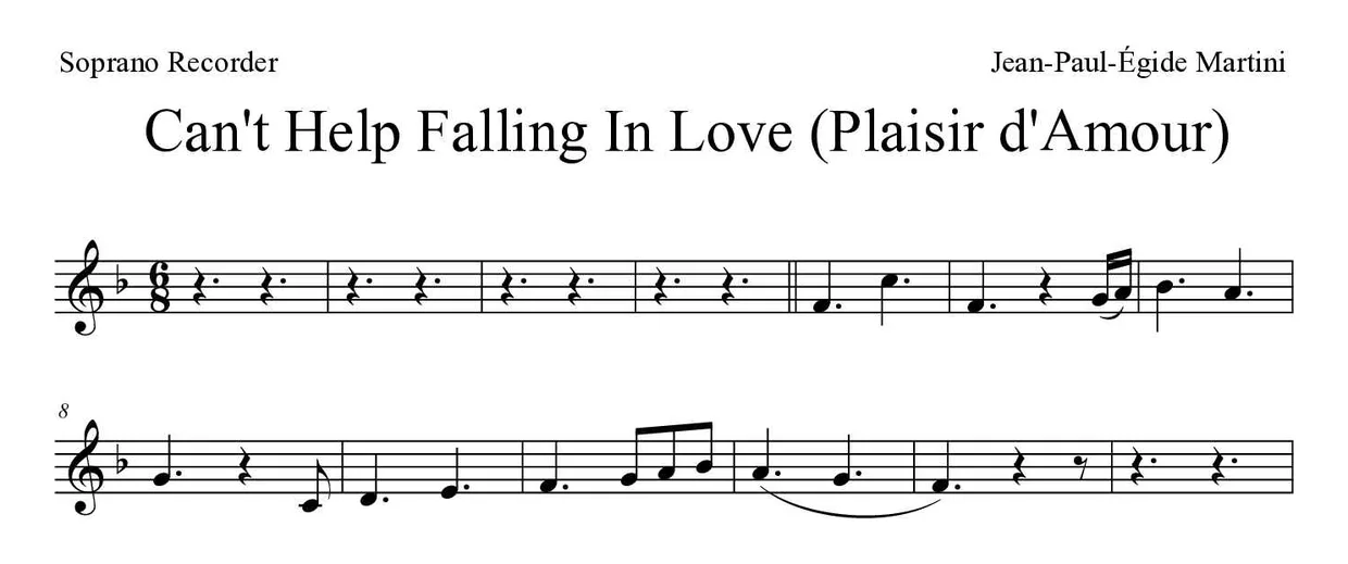 ‘Can't Help Falling In Love (Plaisir d'Amour)’ Recorder 악보의 첫 몇 줄