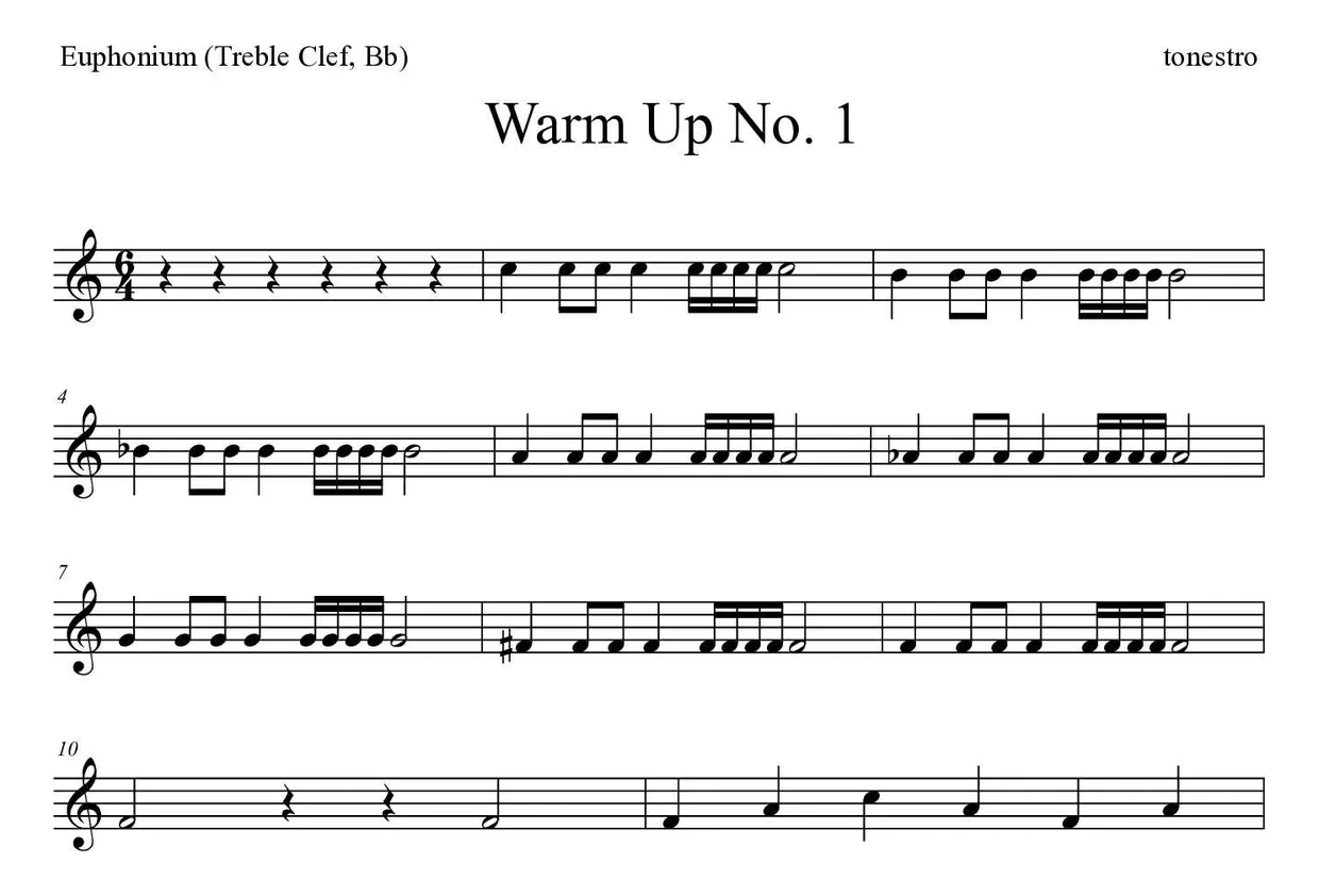 「Warm Up No. 1」Euphonium (Treble Clef, Bb)用楽譜の最初の数段