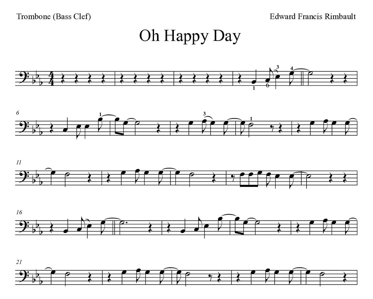 Bladmuziek van Oh Happy Day voor trombone, eerste regels