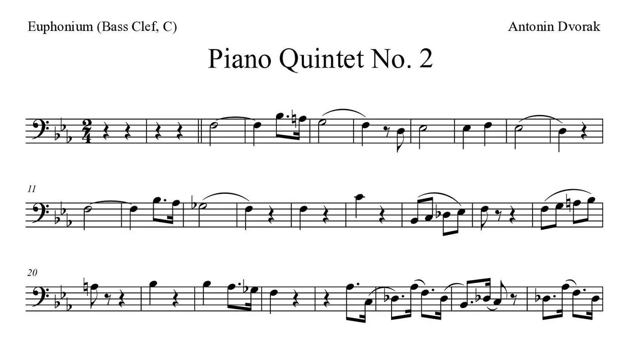 《Piano Quintet No. 2》上低音号（低音谱号，C）乐谱前几行