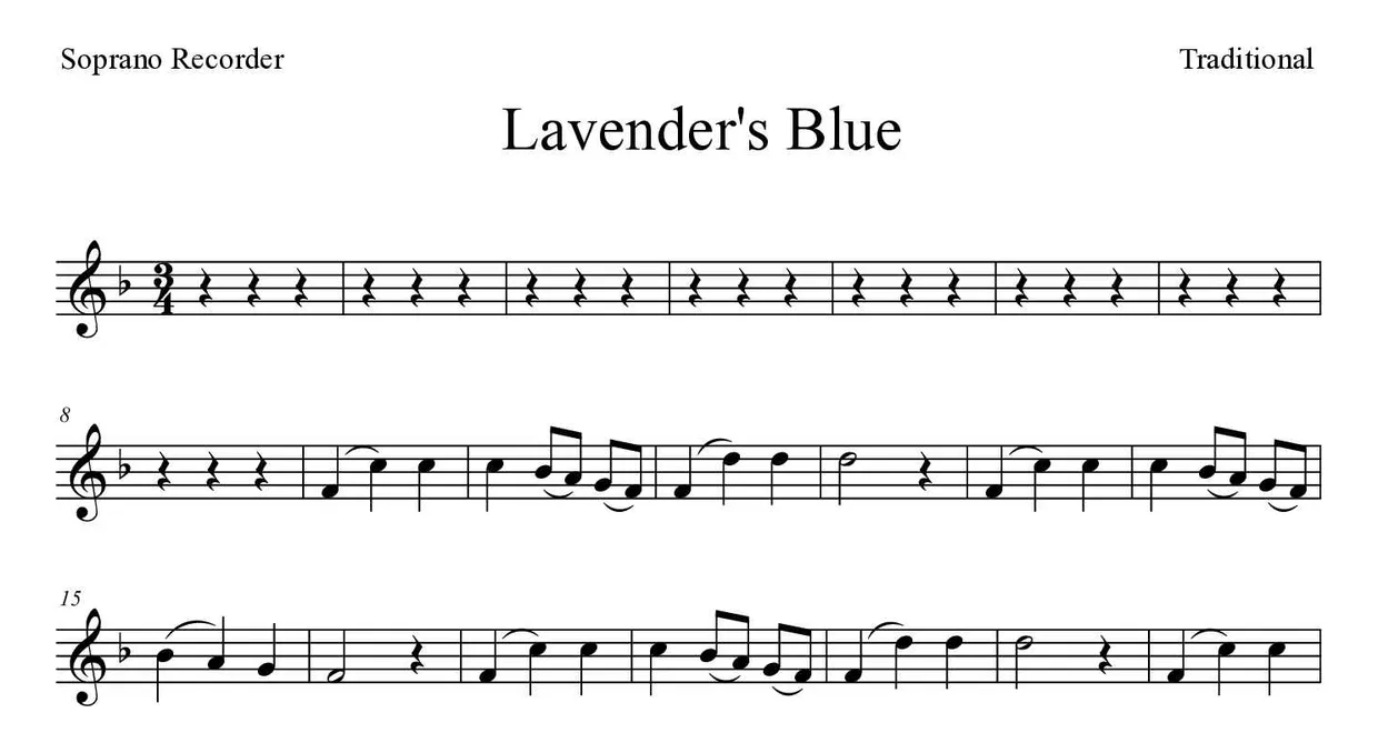 Noten von Lavender's Blue für Blockflöte (Mittel), erste Zeilen