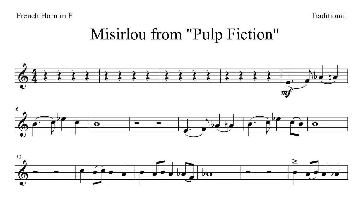 Partition de Misirlou from "Pulp Fiction" pour cor d'harmonie, premières lignes
