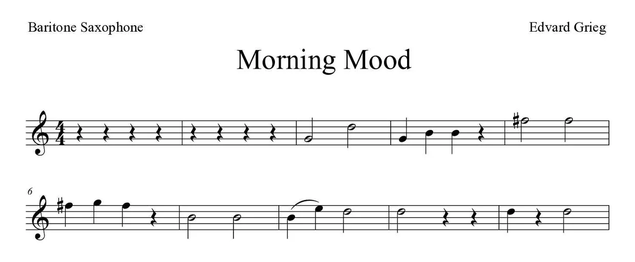 Sheet music of Morning Mood for baritone saxophone (Easy), first lines