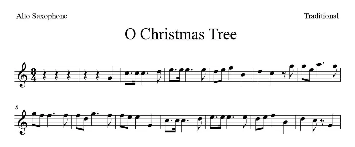 Sheet music of O Christmas Tree for alto saxophone (Medium), first lines