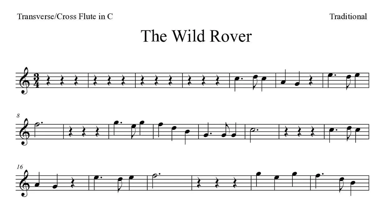 Partition de The Wild Rover pour fflûte traversière, premières lignes
