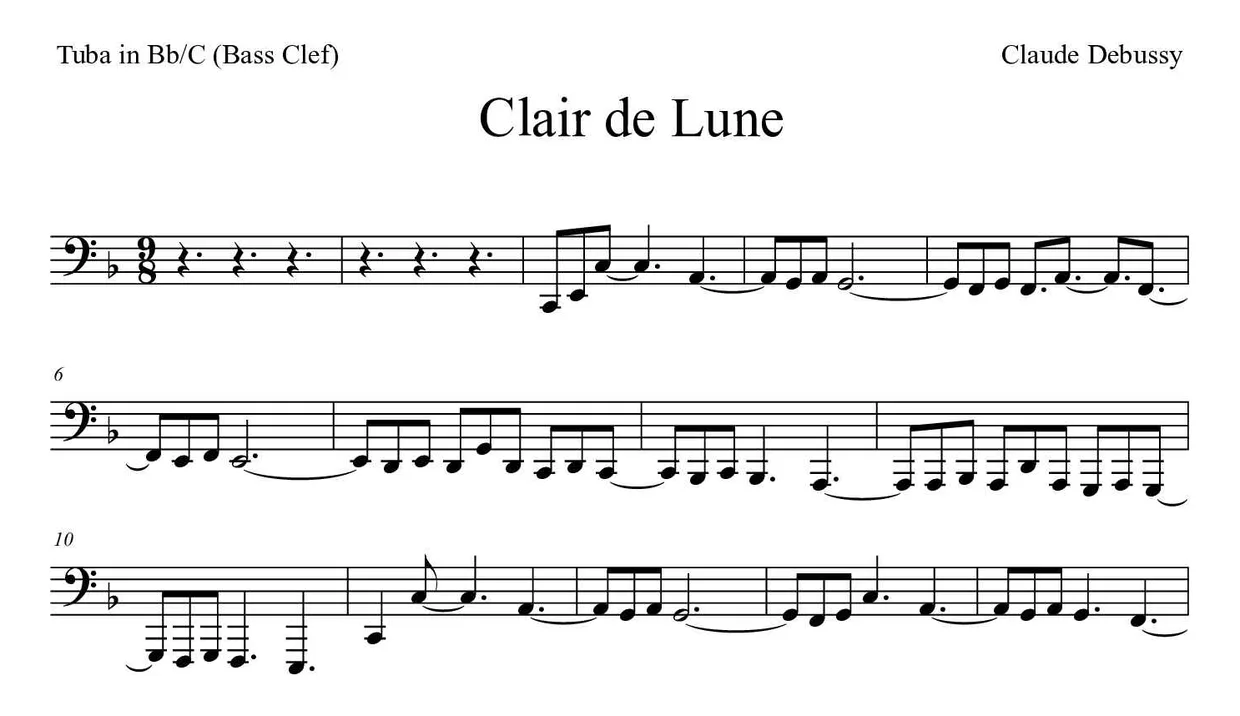 《Clair de Lune》降B/C调大号（低音谱号）乐谱前几行
